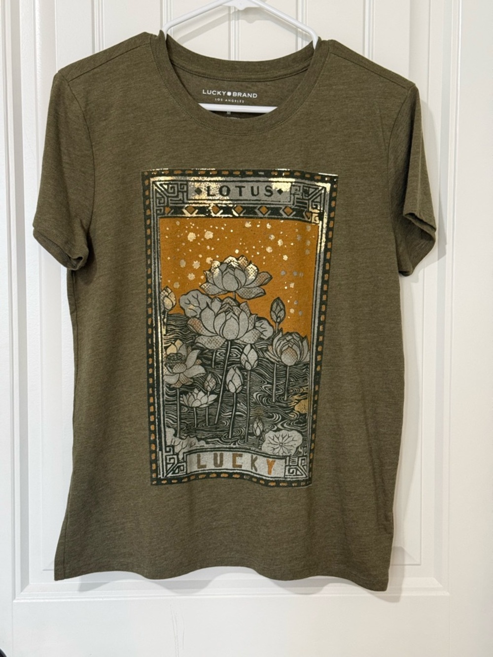 Lucky Brand Olive Green Lotus Graphic Tee with Gold Accent